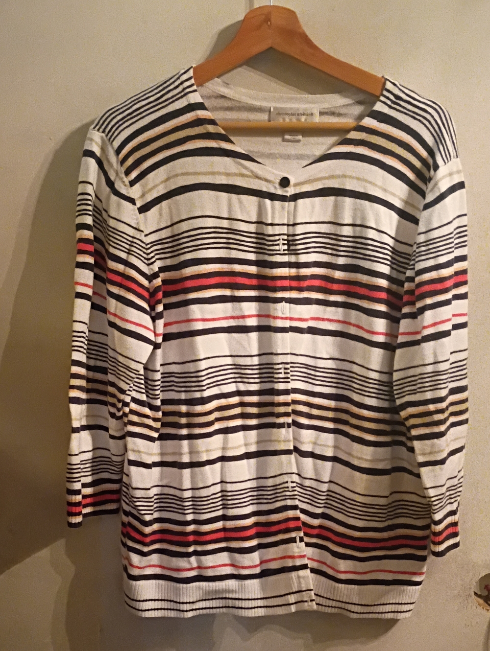 Christopher & Banks White Striped V-Neck Cardigan with Black, Red & Tan Stripes